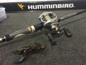 A look at the jig used by Bonnema, also note the Winn Grips on his Lew’s Rod