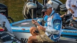 Morgan getting his rods set for a day on the water during the 2016 Tour campaign.