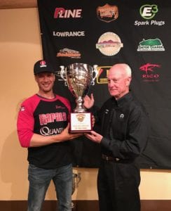 Troy Lindner accepting the Wild West Bass Trail Angler of the Year Trophy.